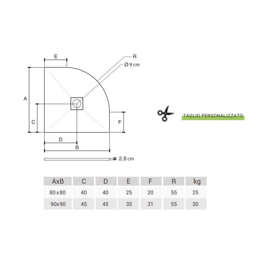 Piatto doccia semicircolare 90x90 in marmoresina DocciaGo  bianco modello Infinity Stone H 2