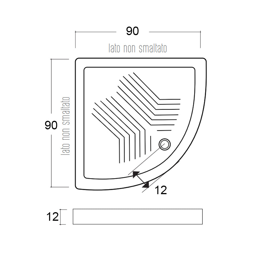 Piatto doccia angolare ceramica bianca  cm 90x90 con antiscivolo integrato spessore cm 12