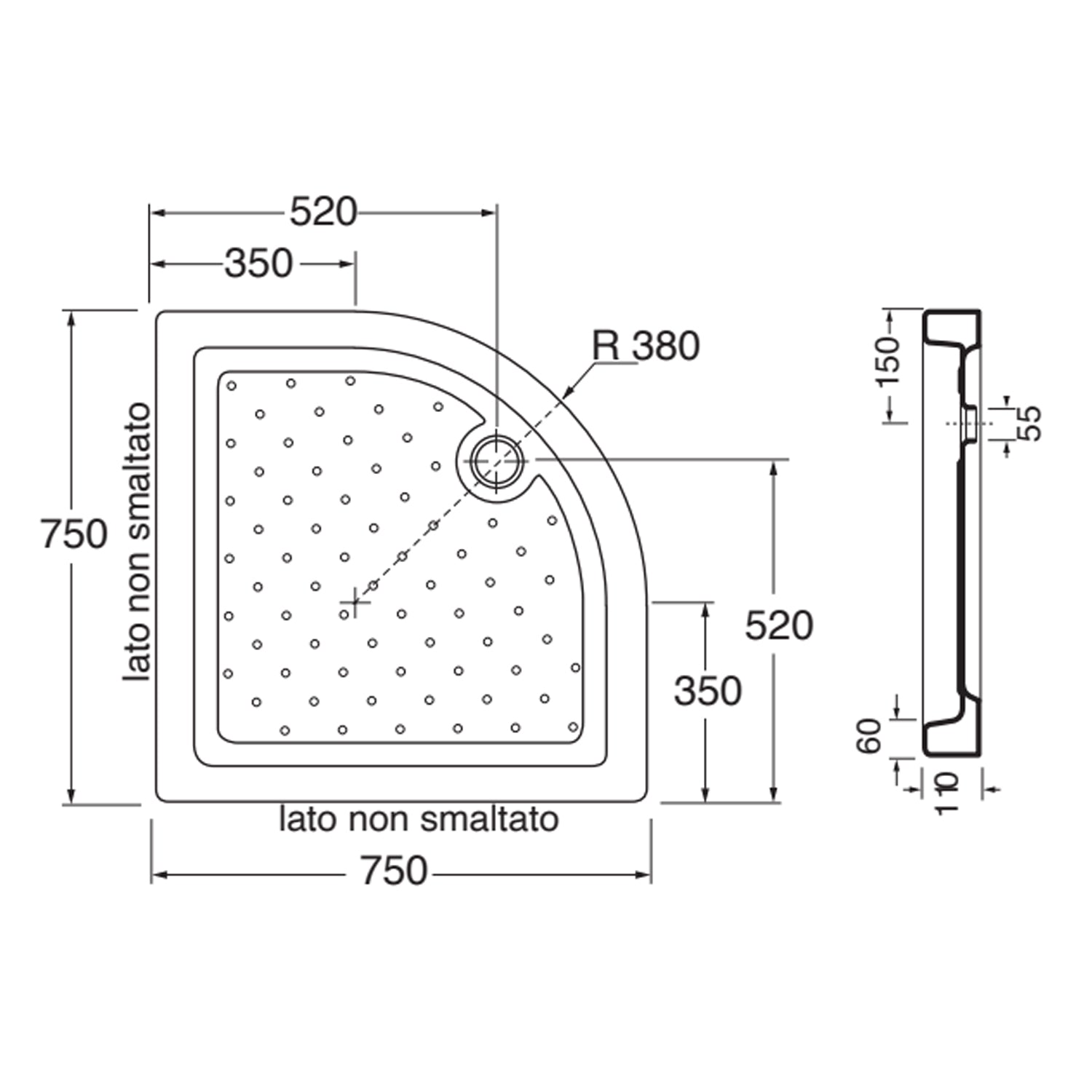 Piatto doccia angolare DocciaGo 75x75 con foro piletta Ã˜ 60 - Bianco