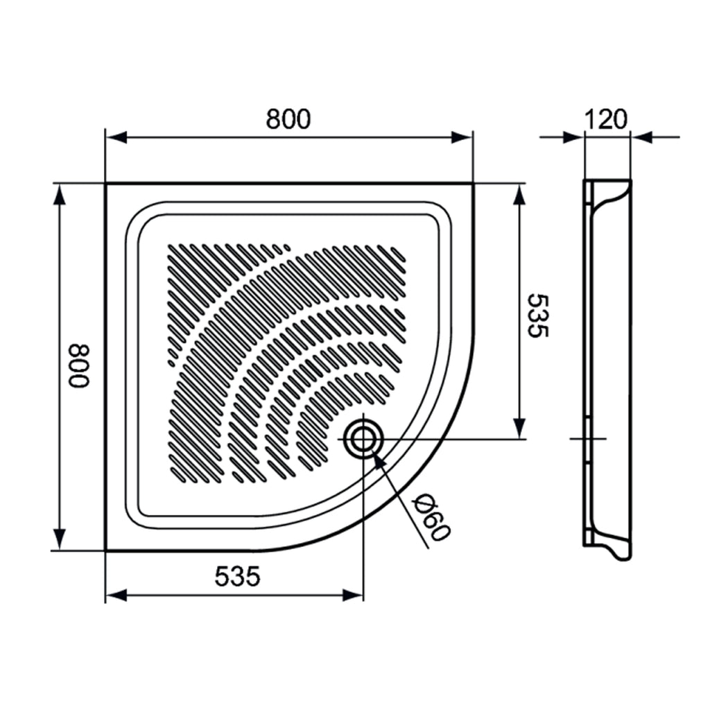 Piatto doccia angolare DocciaGo 80x80 con foro piletta Ã˜ 60 - Bianco