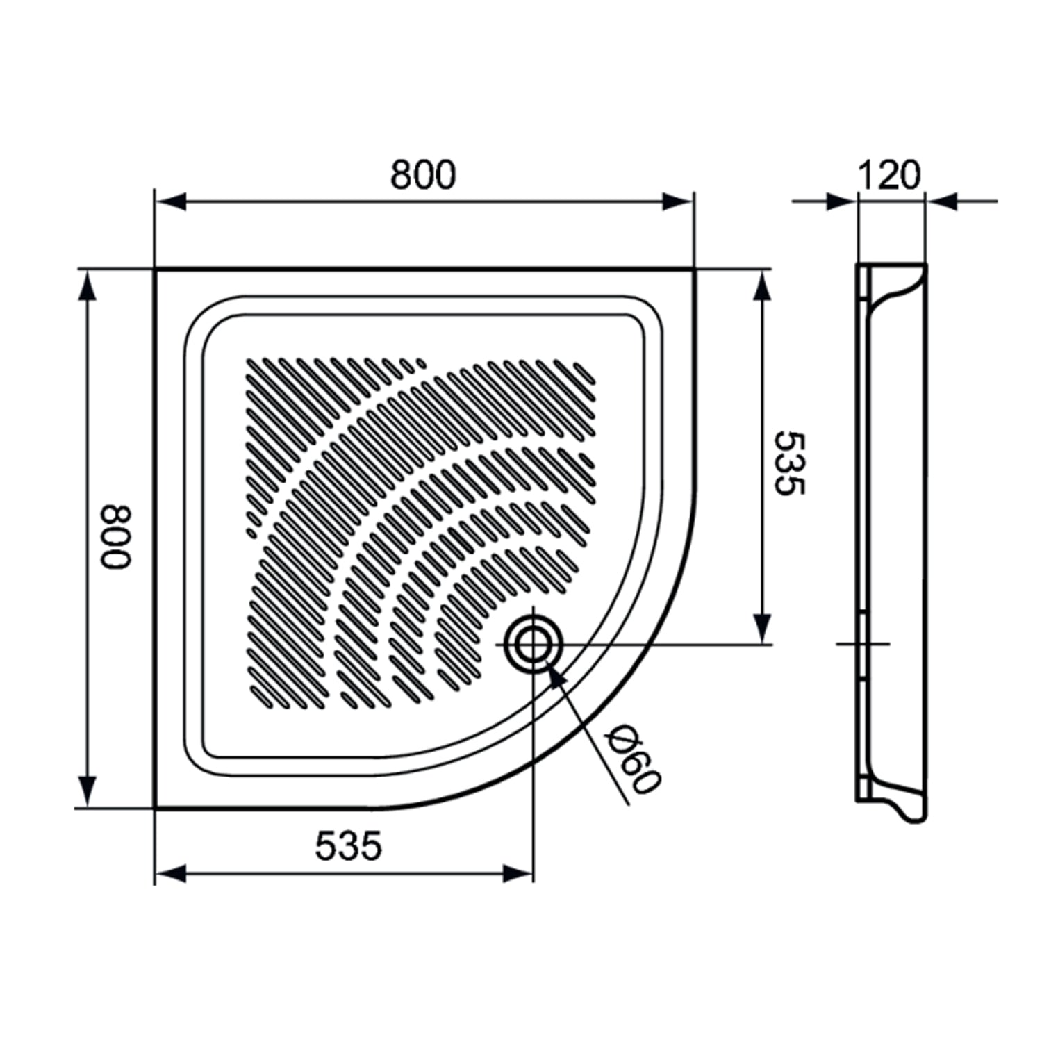 Piatto doccia angolare DocciaGo 80x80 con foro piletta Ã˜ 60 - Bianco