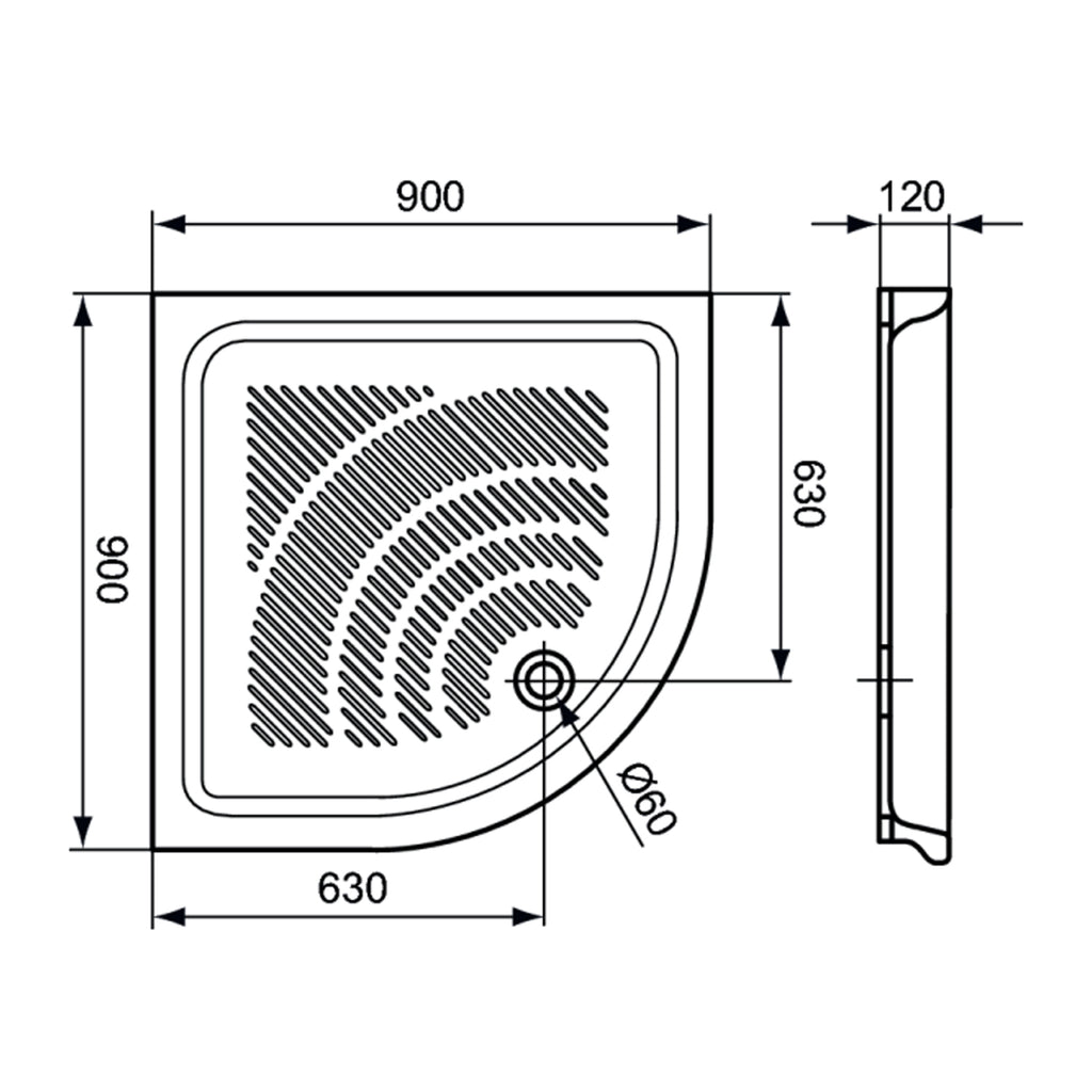 Piatto doccia angolare DocciaGo 90x90 con foro piletta Ã˜ 60 - Bianco