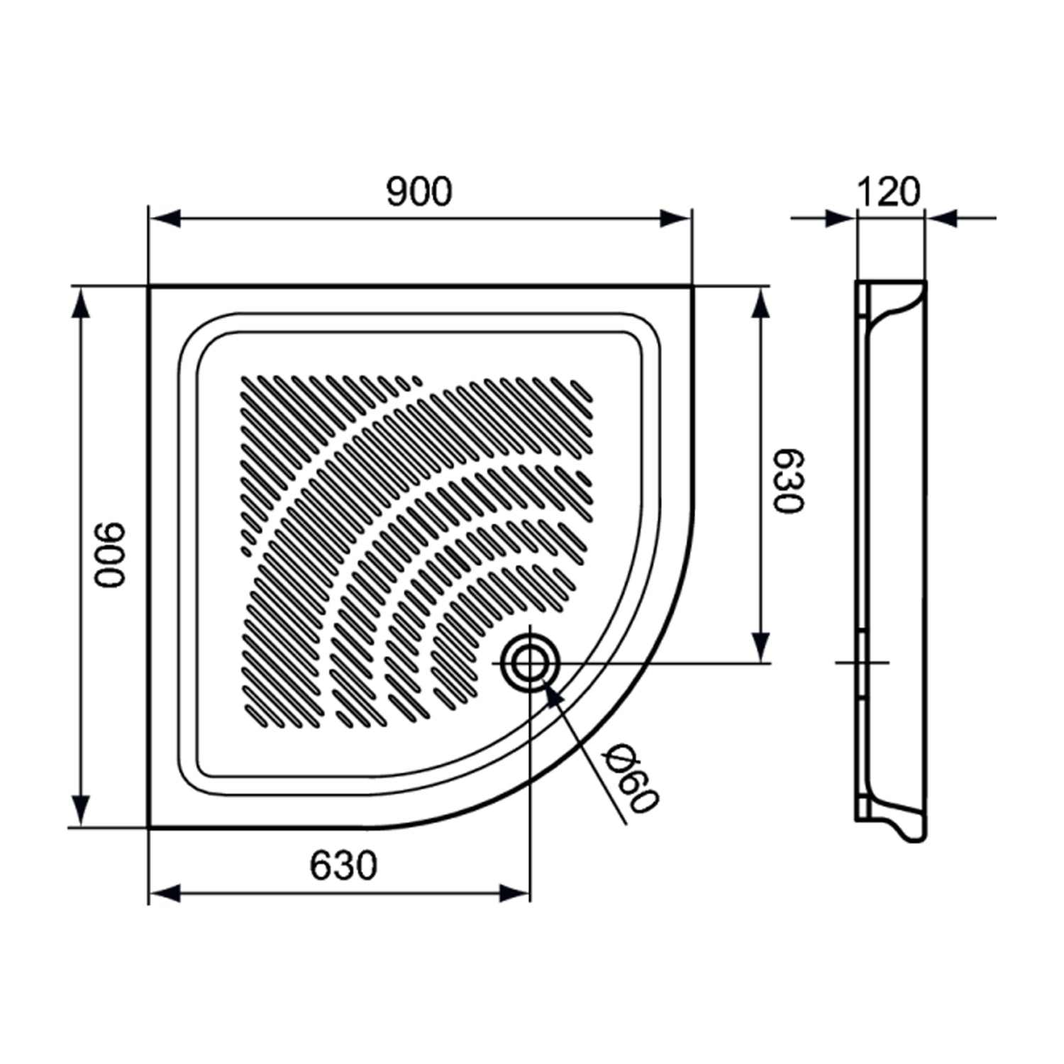 Piatto doccia angolare DocciaGo 90x90 con foro piletta Ã˜ 60 - Bianco
