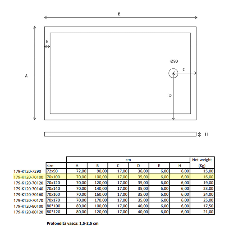 Piatto doccia rettangolare Kepler 70x100 h.6 cm in acrilico rinforzato senza piletta