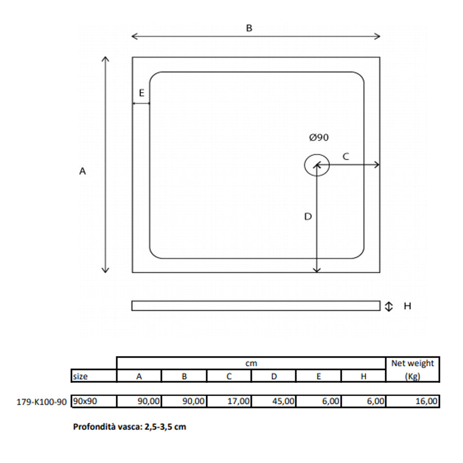 Piatto doccia quadrato Kepler 90x90 h.6 cm in acrilico rinforzato senza piletta