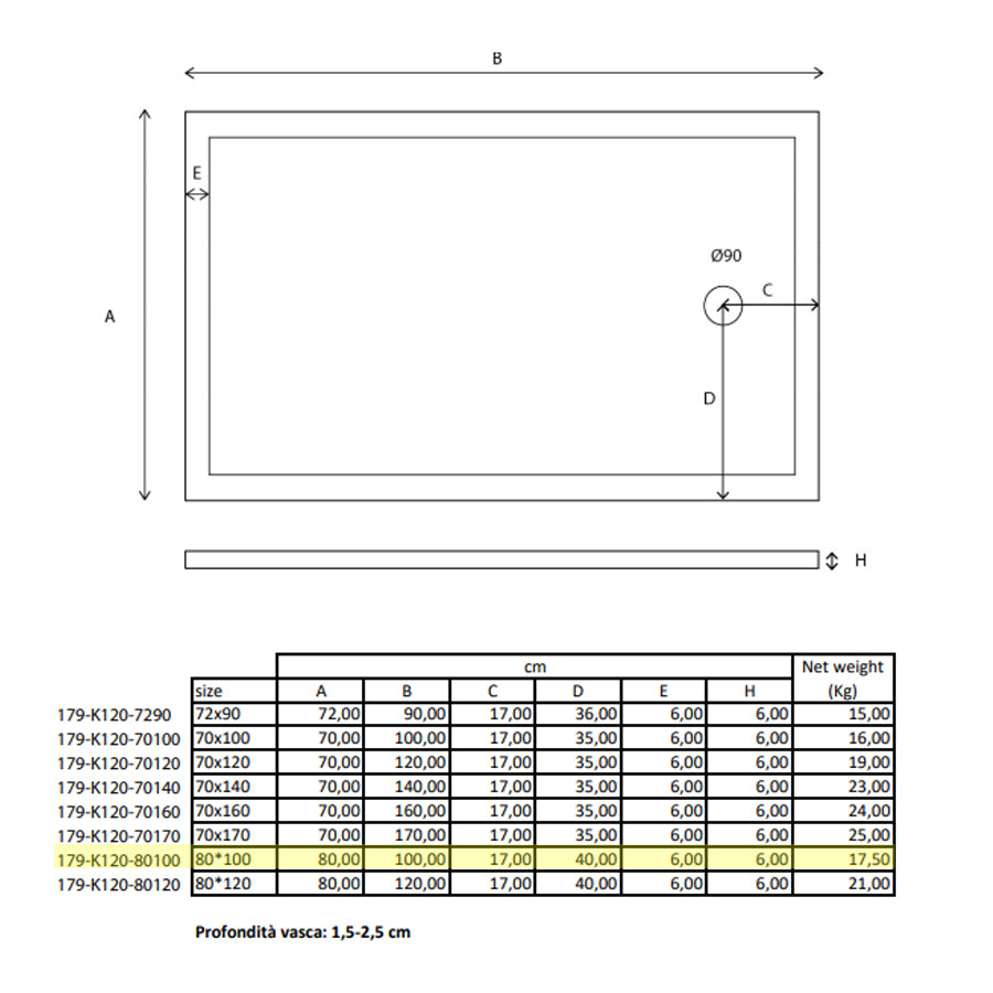 Piatto doccia rettangolare Kepler 80x100 h.6 cm in acrilico rinforzato senza piletta