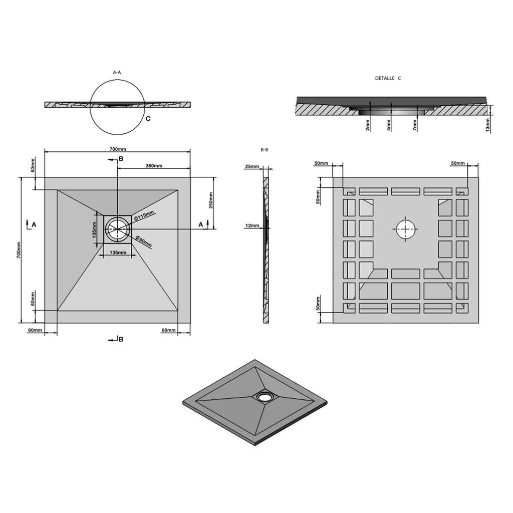Piatto doccia in resina 70x70 cm effetto Pietra serie Mirage - Bianco