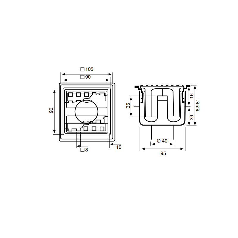 Piletta in abs con griglia in acciaio inox 10x10