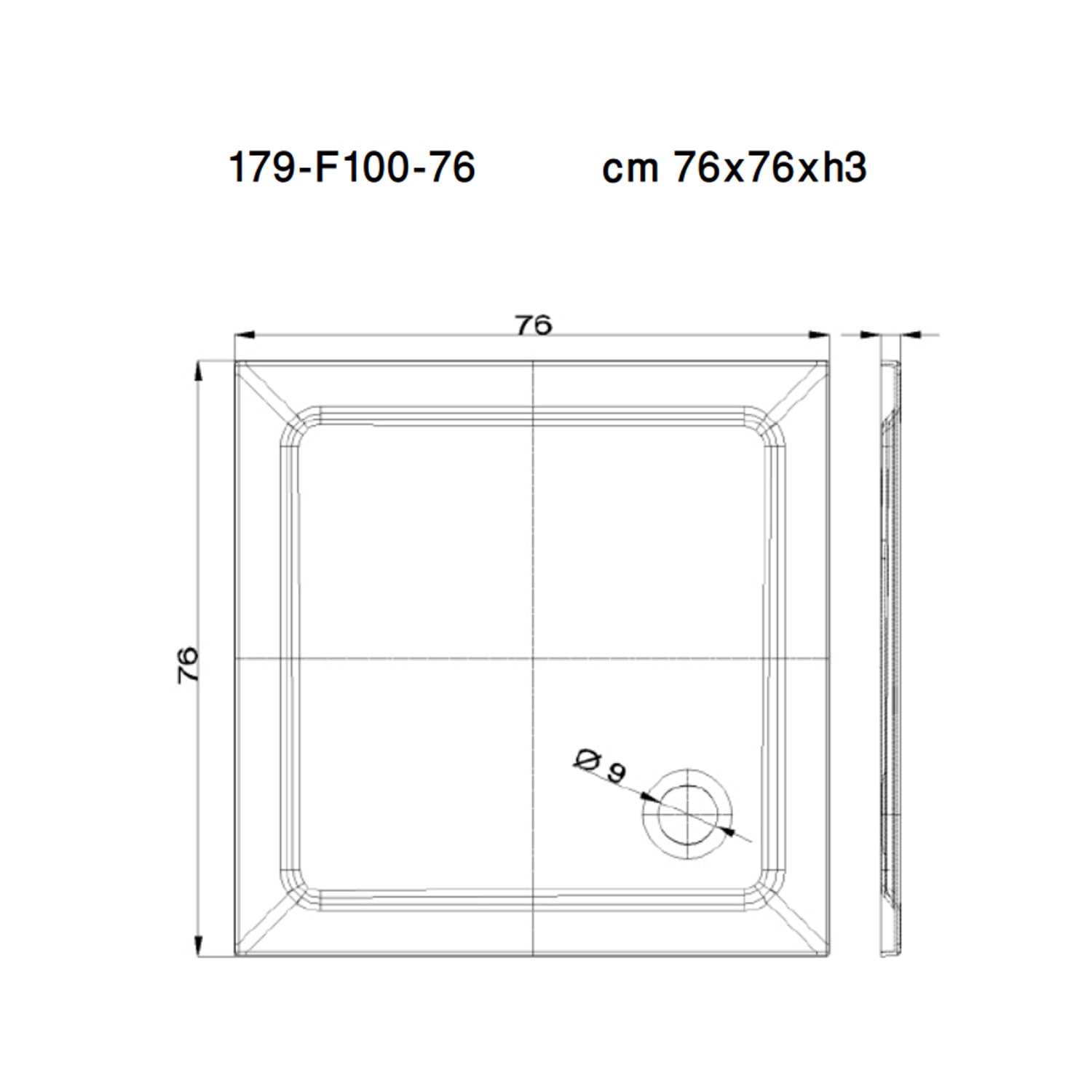 Piatto doccia quadrato cm 76x76 in tecnopolimero strutturale Mr Plate