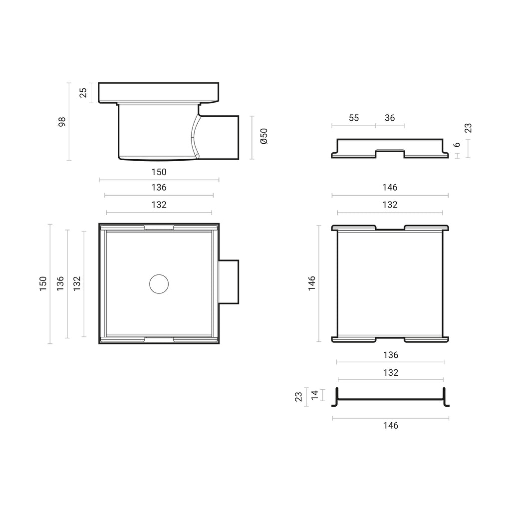 Canalina doccia incasso quadrata 15x15 cm con cover in full inox per predisposizione piastrella