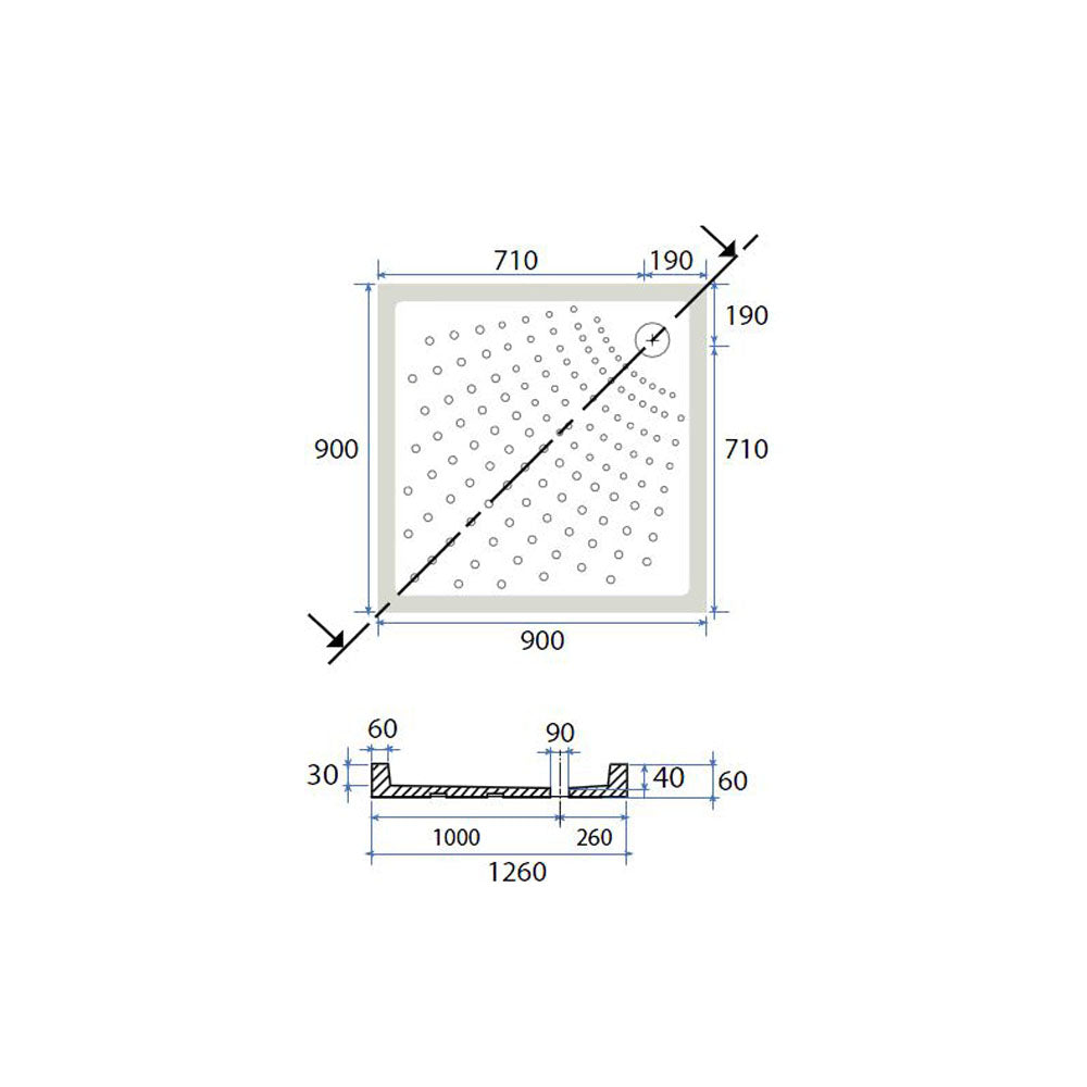 Piatto doccia quadro ceramica bianca 90x90 con altezza 6 cm