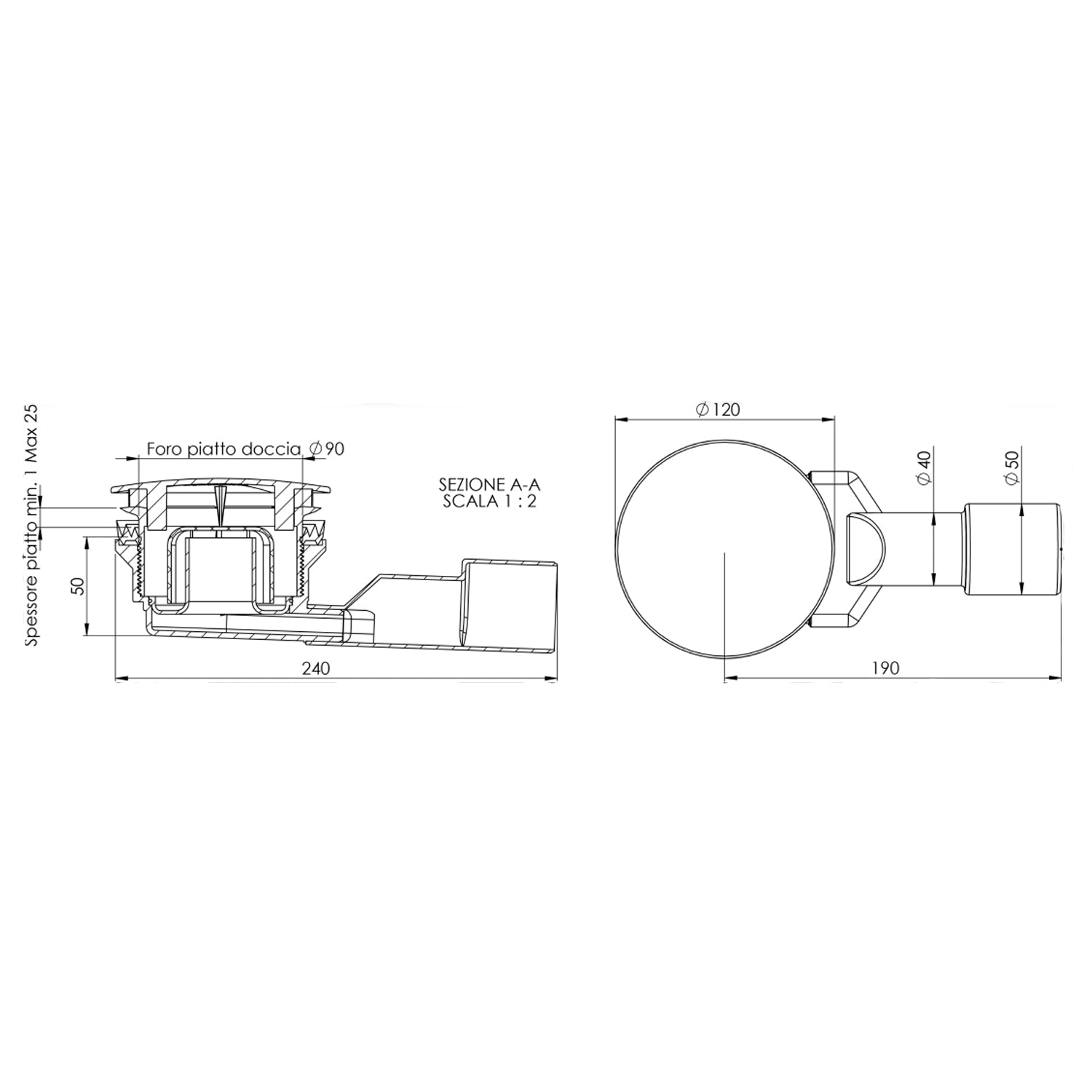 Piletta per piatto doccia in abs cromo diametro 90mm modello Slimmy